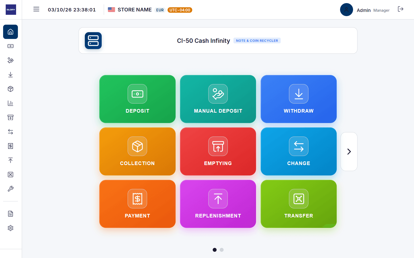 The home screen of the Smart Safe Client with the Cash Infinity operations