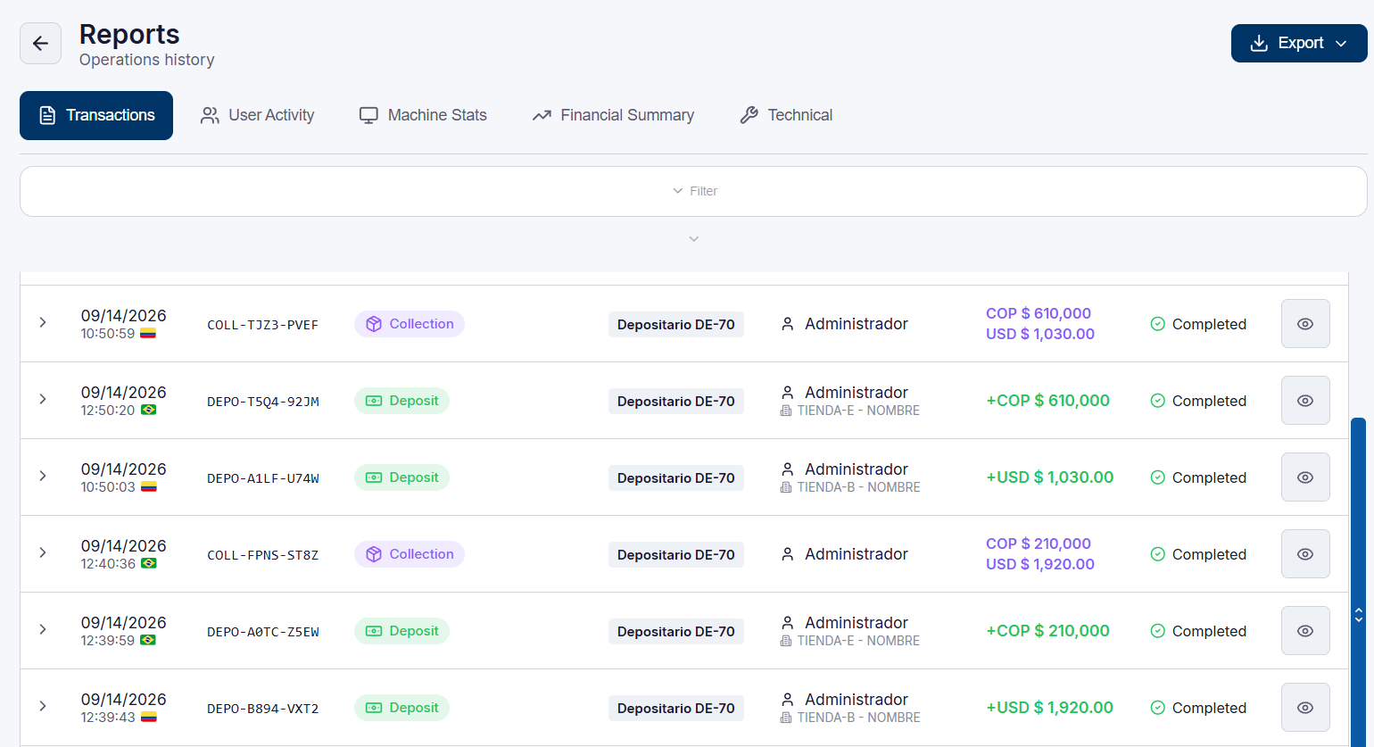 Reports in the Smart Safe Client: the history of transactions